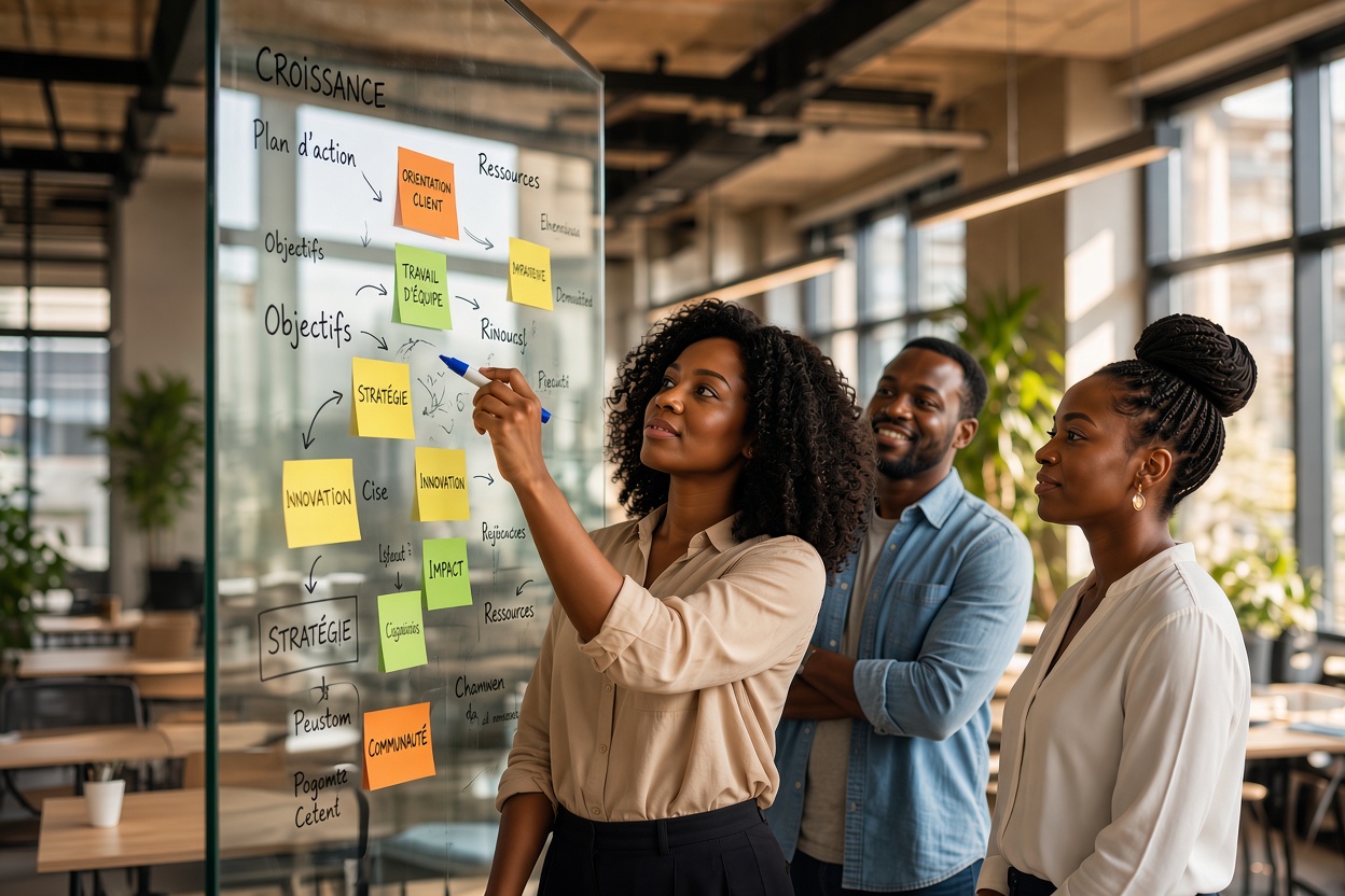 Une équipe construit un plan d'action sur un tableau en verre